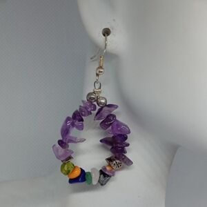 Amythest Multicolor Beaded Hoop Earrings Natural Stone Handmade Boho Chic Gift